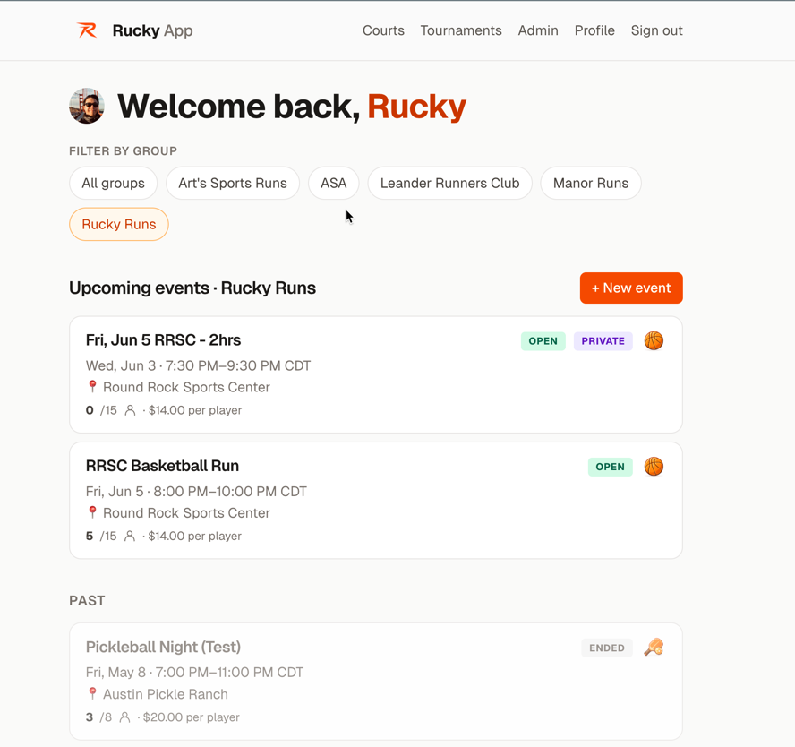 Rucky dashboard with upcoming events and group filters