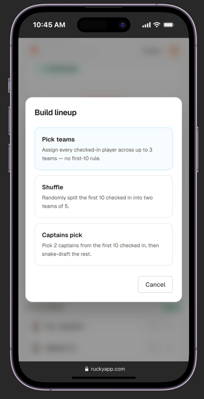 Build lineup modal with three mode options