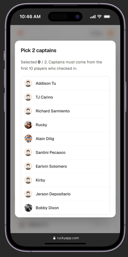 Pick captains screen with 0 of 2 selected