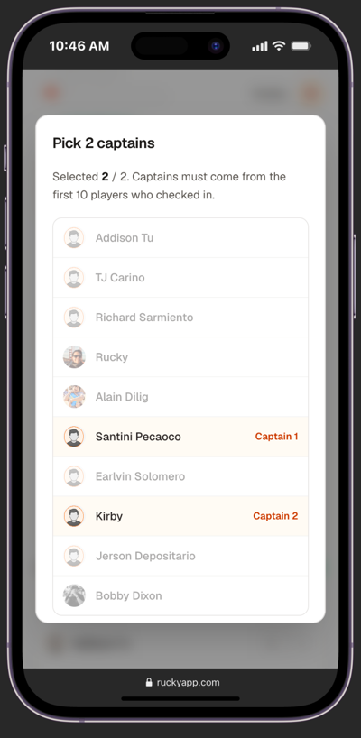 Pick captains screen with both captains selected