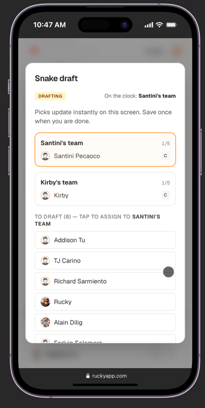 Snake draft in progress with player list