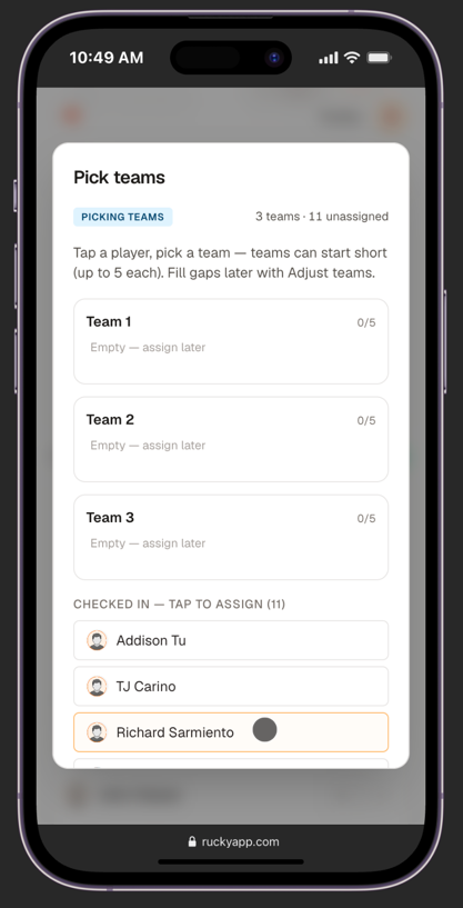Pick teams screen with empty team slots and players listed below
