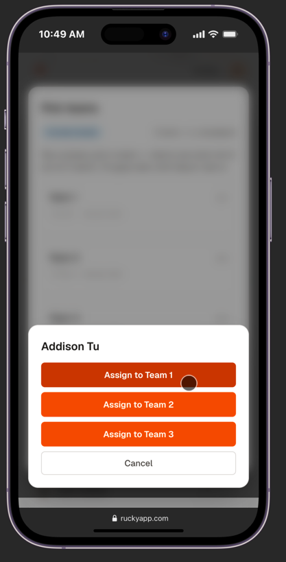 Assign player popup with Team 1, 2, 3 buttons