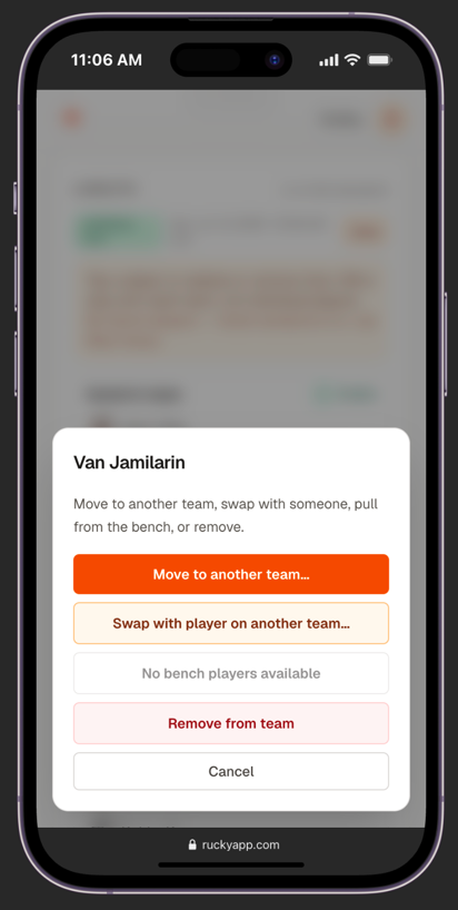 Adjust player popup with move, swap, and remove options
