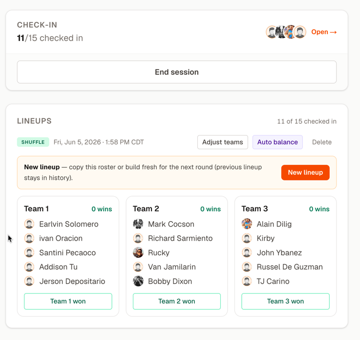 Rucky lineup generator showing three balanced teams with player names and win tracking