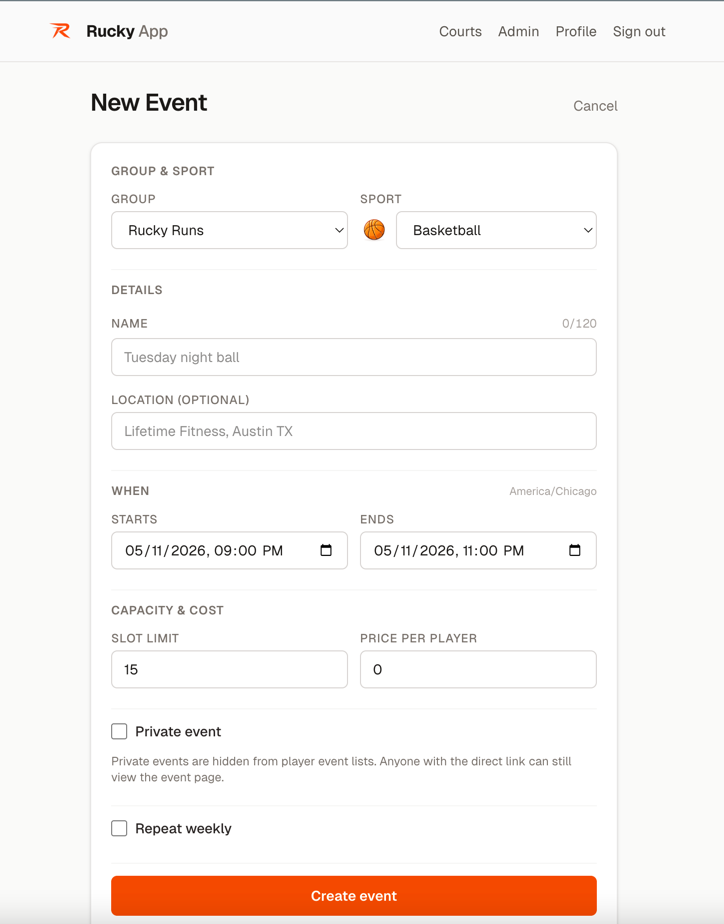 Rucky new event form with group, sport, schedule, and pricing fields