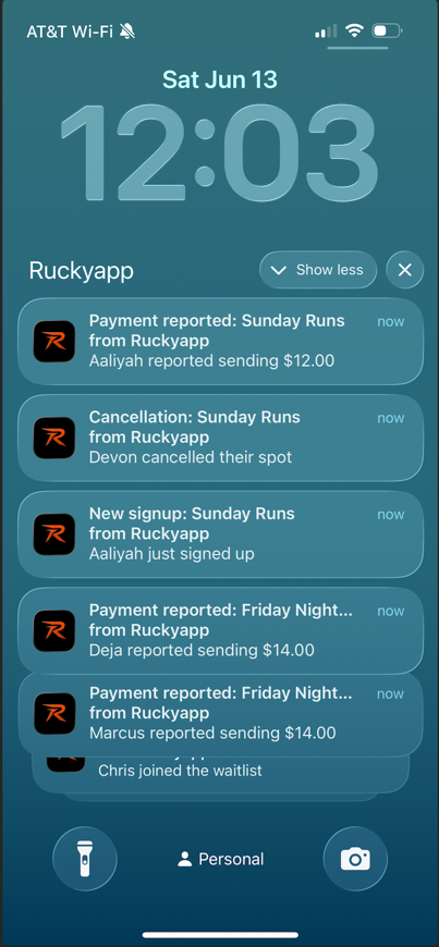 iPhone lock screen showing Rucky App push notifications for signups, cancellations, and payments
