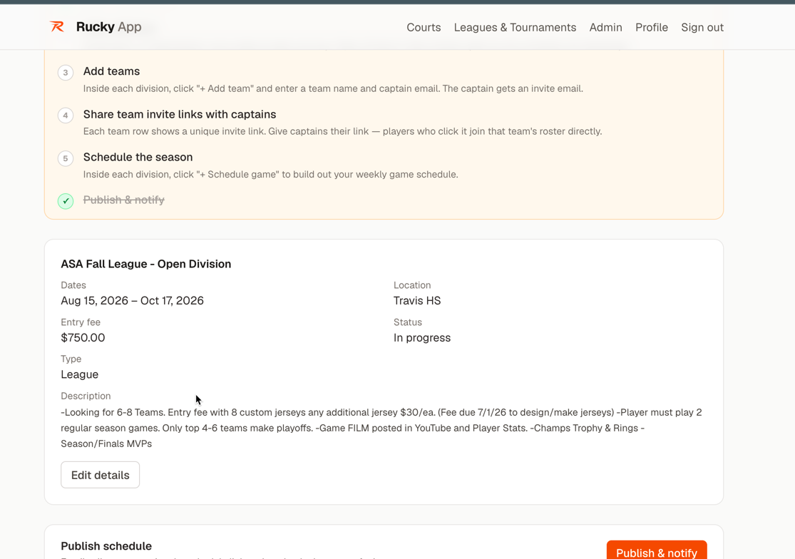Tournament admin setup page with division details and organizer checklist